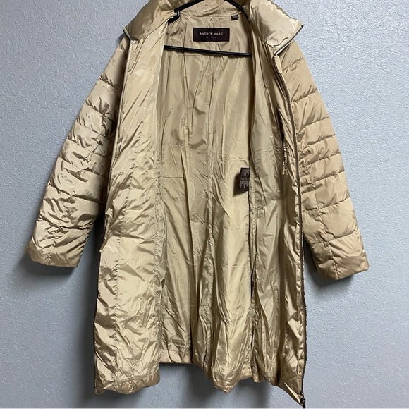ANDREW MARC Womens Parka Coat Large Tan Down Fill Long Puffer Fur Jacket FLAWS - Picture 6 of 11